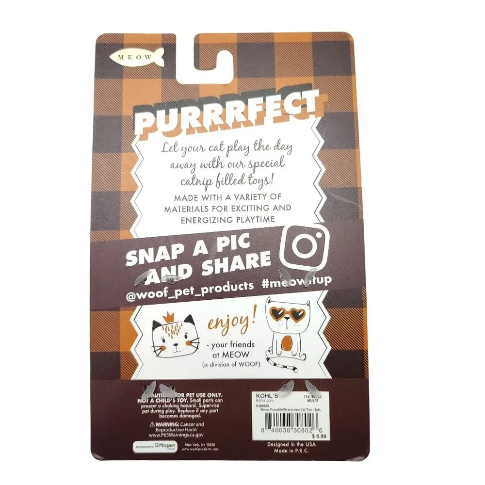 Meow Pawtumn Collection Cat Toys 2-Pack Plush Pumpkin and Scarecrow With Bells
